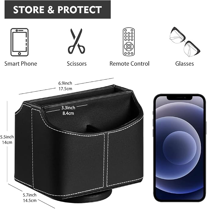 Leather 360° Spinning Remote Control Holder, Pencil Pen Holder for Desk Table Nightstand, TV Remote Caddy Organizer, Black Office Decor and Accessories, Storage Box for Phone,Media Player Controllers | Nightstand Organizer Storage Box with 5 Compartmen...