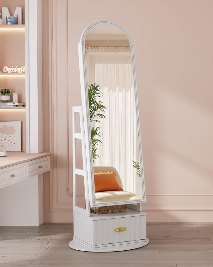 Vlsrka Arched LED Mirror Jewelry Cabinet with Full Length Mirror, White | Lockable Jewelry Armoire Cabinet, 360° Swivel Jewelry Organizer with Drawer Storage, Foldable Makeup Shelf, 2 Rear Hooks