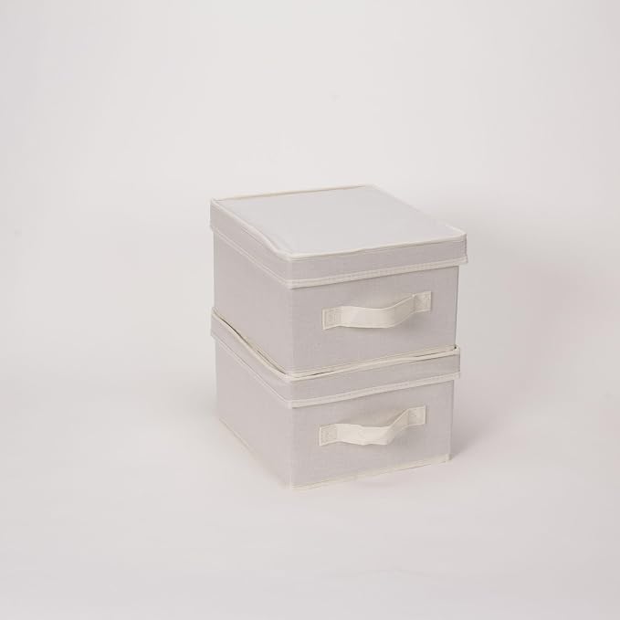 Household Essentials 111 Storage Box with Lid and Handle - Natural Beige Canvas - Medium,Natural Trim