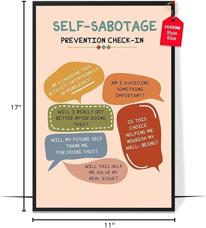 LOLUIS Mental Health Poster, Boho Therapy Tools Educational Supplies Art Print Classroom School Office Decor (Self-Sabotage Prevention Check-in, Custom Frame Type)