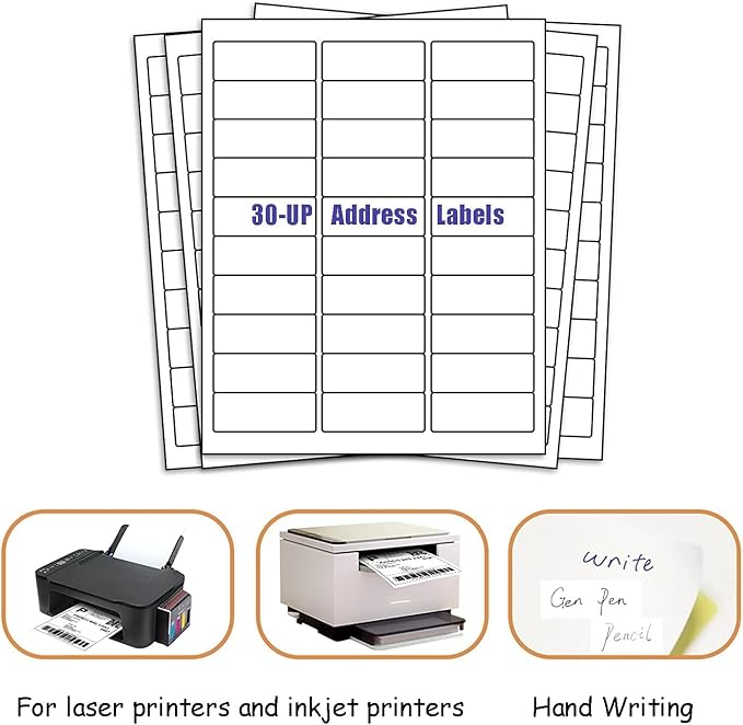 1" X 2-5/8" 30 Up Mailing Labels for Laser/Inkjet Printer, Address Labels, Shipping mailing Labels, 30 per Sheet Return Address Labels (25 Sheets - 750 Labels)