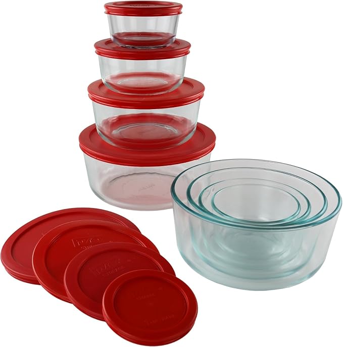 Pyrex Simply Store (8-Pack) Glass Food Storage Containers Set, (1, 2, 4 & 7 Cup) Meal Prep Containers With Plastic BPA-Free Lids, Dishwasher & Microwave Safe | BPA-Free Plastic | Includes 1, 2, 4 & 7 Cup Bowls and Lids | Top-Rack Dishwasher Safe | Roun...
