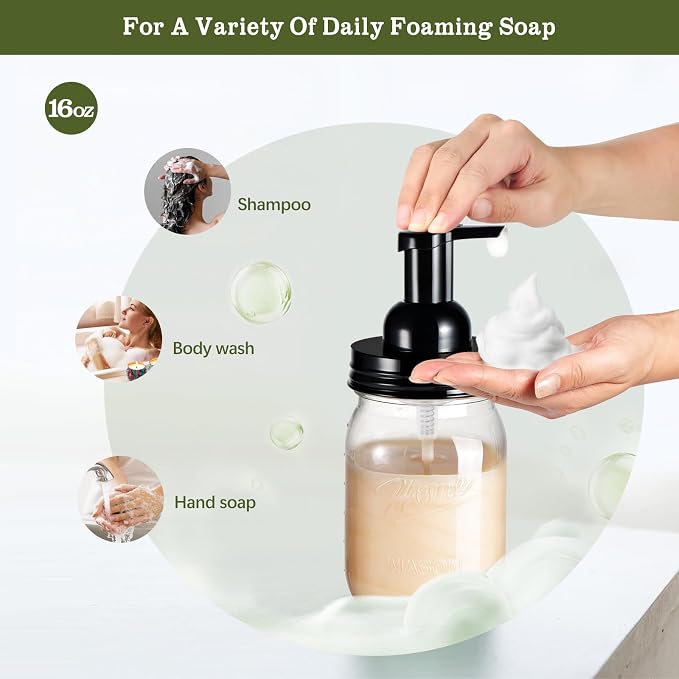 Amolliar Plastic Mason Jar Foaming Soap Dispenser with Pump Lid,16OZ Refillable Hand Soap Dispenser Set with Cute Lables - Farmhouse Decor for Kitchen/Bathroom, Lotion Liquid Dish Soap (2 Pack, Black)