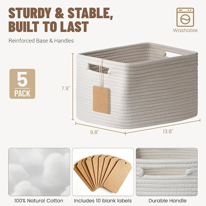 5 Pack White Woven Storage Baskets for Shelves, Decorative Basket Organizer Storage Bins for Toys, Books, Clothes, Closet, Nursery, Bathroom – Cotton Rope Shelf Baskets for Organizing and Decor