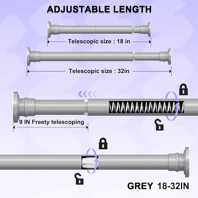 18–32 Inch Small Shower Rod – Adjustable Spring Tension Curtain Rod, No Drilling, Rust-Resistant Gray Short Rod for Windows, Closets, or Bathrooms