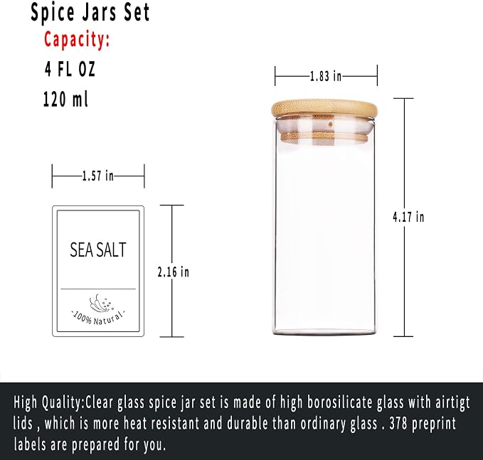 Churboro 24 Pack 4oz Glass Spice Jars with Bamboo Lids, 400 Labels | Empty Spice Bottles with Labels, Airtight Wood Lids, Funnel & Chalk Pen. Keep Seasoning Containers Neat and Organized