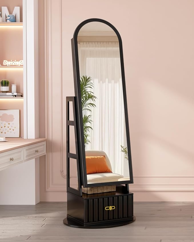 Vlsrka Arched LED Mirror Jewelry Cabinet with Full Length Mirror, Black | Lockable Jewelry Armoire Cabinet, 360° Swivel Jewelry Organizer with Drawer Storage, Foldable Makeup Shelf, 2 Rear Hooks