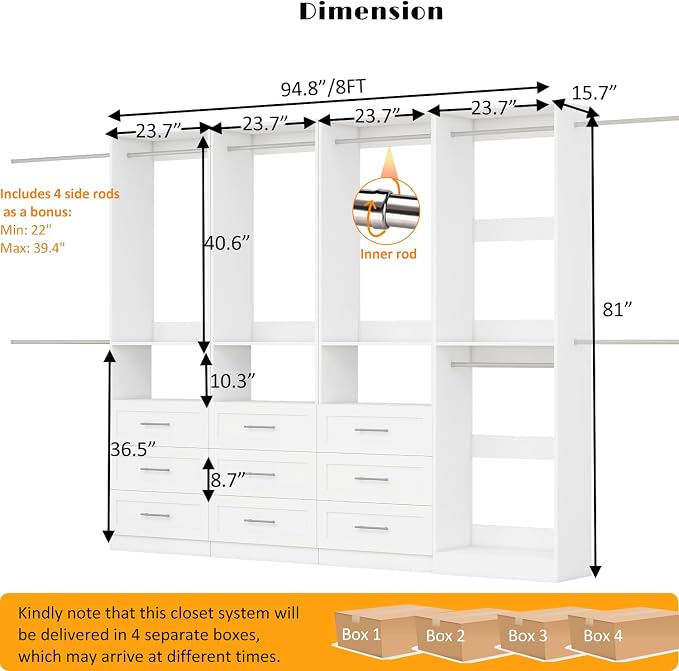 Closet System with 9 Drawers, 8FT-21FT Closet Organizer Systems with 9 Hanging Rods, Walk in Closet Freestanding Corner Closet System Modular Closet System Bedroom White 4 Sets(8FT)