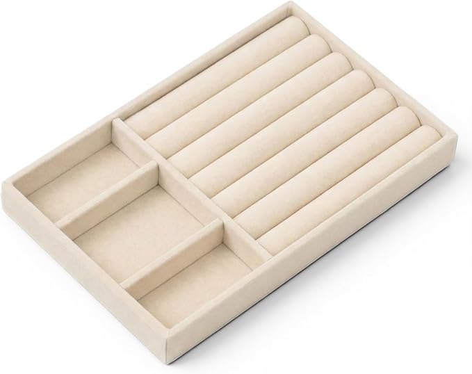 Jewelry Box Insert Organizer for Drawer, Stackable Trays Velvet Jewelry Drawer Inserts, Ring Earring Stud Necklace Holder Display Storage Case(Beige, 8.3 x 4.9in)