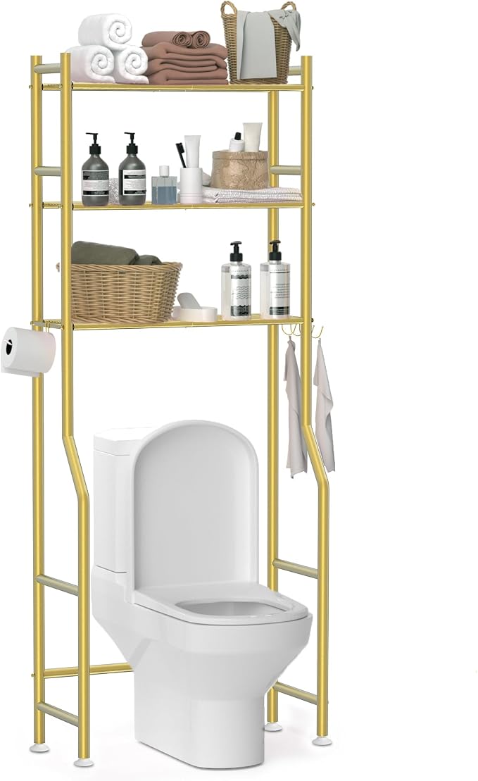 3-Tier Over The Toilet Storage, Freestanding Metal Bathroom Organizer with 4 Hooks & Anti-Tilt Kits, Heavy Duty Space Saver Shelf for Bathroom/Kitchen/Living Room, Gold