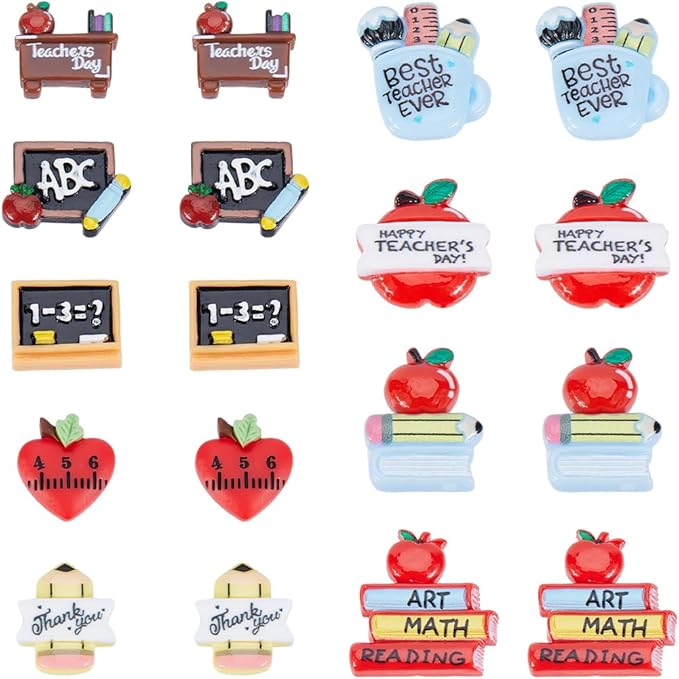 SUNNYCLUE 1 Box 40Pcs Teacher's Day Charms Flatback School Resin Cabochons Best Teacher Students Charm Chalkboard Red Apple Fruit Books Pencils Cabochon for Jewelry Making Scrapbooking Embellishments