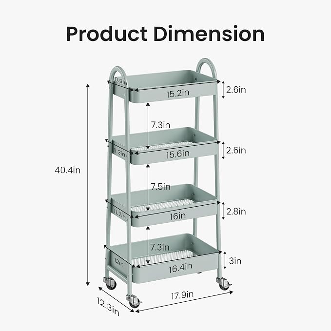 DUMOS 4 Tiers Rolling Utility Cart, Storage Organizer, Shelving Unit | Metal, Lockable Wheels, Mobile, Kitchen, Bathroom, Laundry, Narrow Places, Green