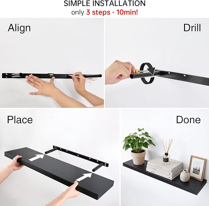 BAYKA Floating Shelves for Wall, 35.4 inches Long Wall Mounted Rustic Wood Shelves for Bathroom, Bedroom, Living Room, Kitchen, Office, Hanging Shelf for Books/Storage/Decor(Black,Set of 2)