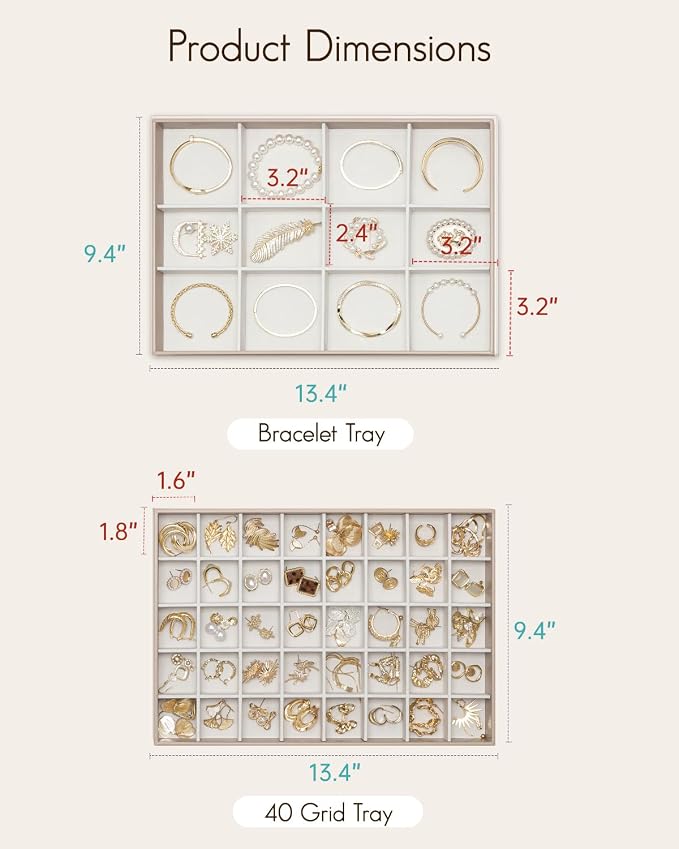 VLANDO Stackable Jewelry Tray, Drawer Organizer, 40-Grid Display,Toffee | 40 Compartments, Soft Velvet Lining, Drawer Organizer, Easy Sorting for Rings, Studs, Charms, Gift for Women Girl