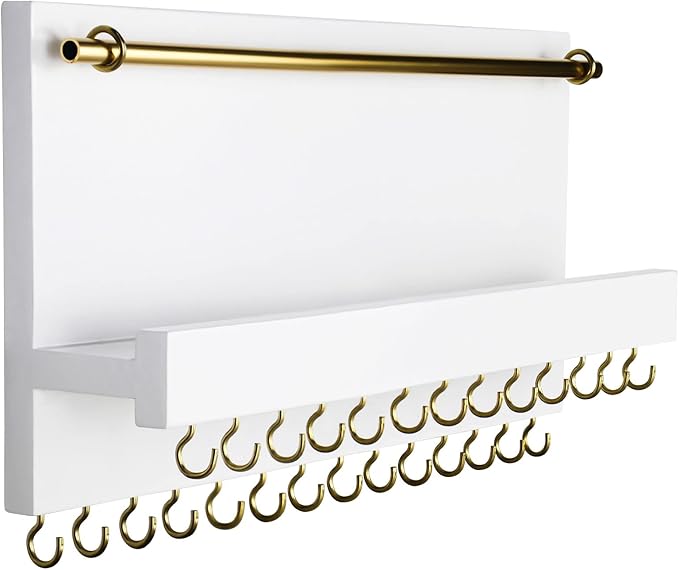 SANY DAYO HOME 27 Hooks Wall Mounted Necklace Holder 14 x 6 inch Hanging Rustic Wooden Jewelry Organizer with Removable Bracelet Rod and Shelf for Kids, Girls, Women - Ivory White
