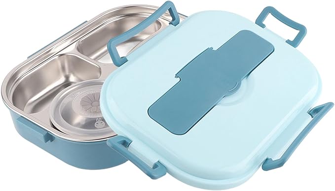 POCREATION Stainless Steel Lunch, Stainless Sel Luh 4 Compartment Leakproof Container, Stainless Sel With Spoons & Chopsticks, Portable 51 With Soup Bowl – Blue