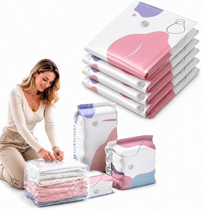 5 Pcs No-Pump Vacuum Storage Bags, Large Cube Compression Space Saver Bags