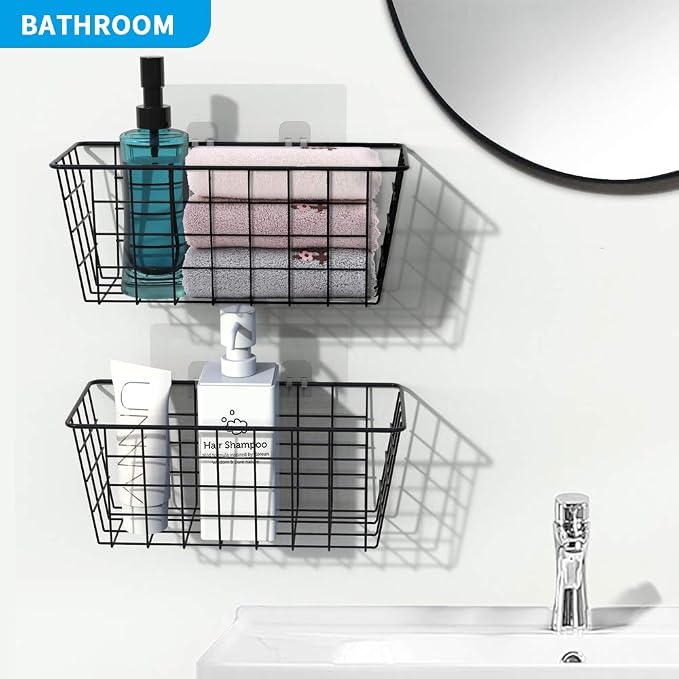 MaraFansie Hanging Kitchen Baskets, 2 Pack Wire Storage Basket Over Cabinet Door Organizer with Adhesive Hooks, No Drilling Pantry & Cabinet Organization for Kitchen Bathroom, Extra 2 Hooks, Black