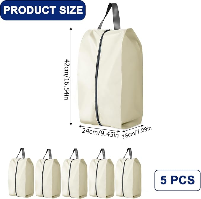 5Pcs XL Travel Shoe Bags Portable Travel Gifts Shoe Organizer with Zipper Closure, Waterproof Nylon Shoe Storage Organizer with Handle Travel Bags For Men and Women, Beige