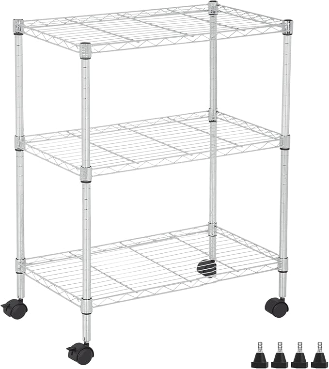 Wire Shelving 32" H x 23W x 13D Storage Shelf with Wheels Adjustable 3 Tier Metal Shelves Unit for Small Places Kitchen Storage Rack Shelf Organizer, 450Lbs Capacity, Chrome