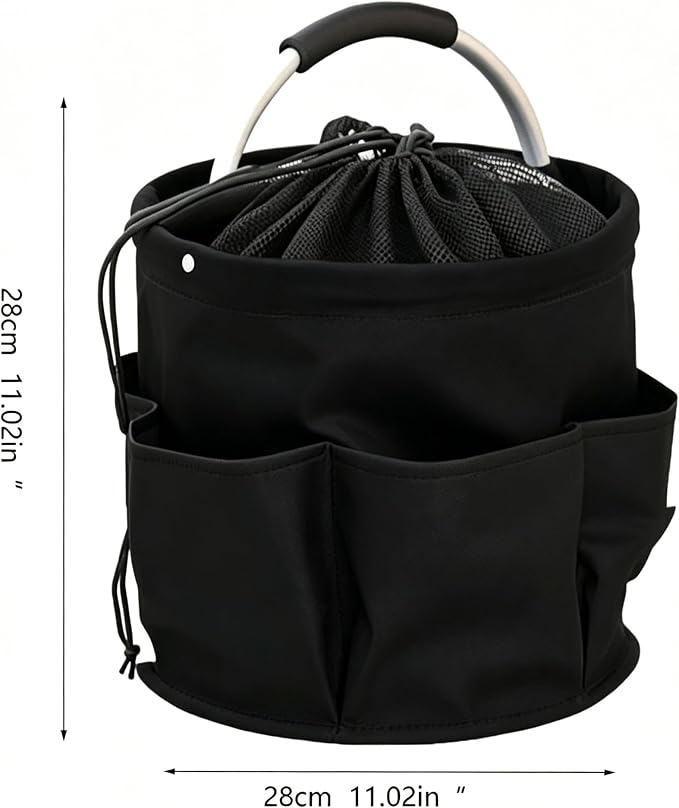 Garden Tool Bucket Organizer, Bucket Tool Organizer,5 Gallon with Aluminum Handle, Multi Side Pockets Portable Storage Caddy for Gardening Camping Car Wash (Black, Drawstring Closure)