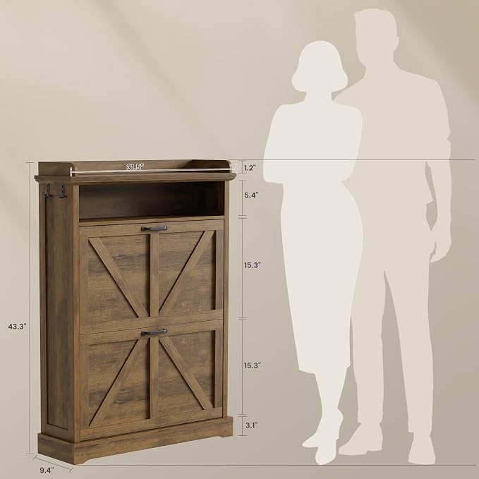Shoe Cabinet with 2 Flip Drawers, Farmhouse Narrow Shoe Cabinet Organizer with Double-Layer Top, Freestanding entryway organizer with adjustable shelves and hooks, for, Foyer, Hallway, Brown