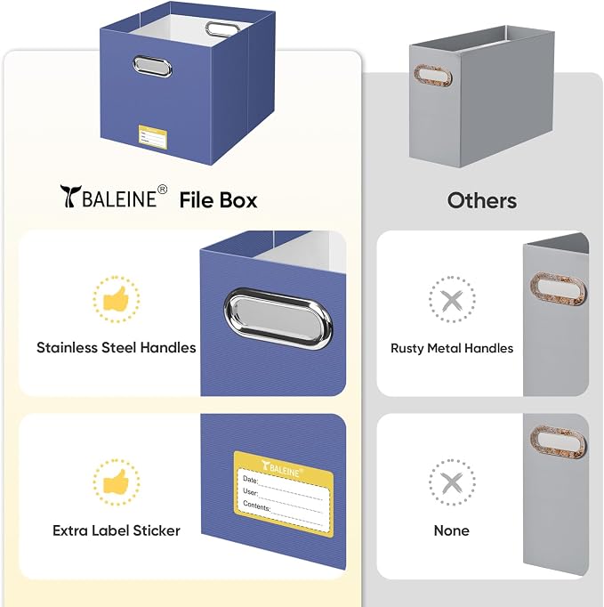 BALEINE File Organizer Box, Cardboard File Folder Organizer with Handle for Letter Size, Portable Collapsible Hanging Filing Box for Home Office Document Storage (2 Pack, Large Navy)