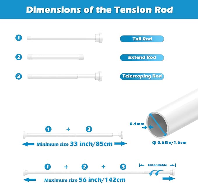 Spring Curtain Rod 33 to 56 Inch Adjustable White Curtain Rod No Drilling Non-Slip Expandable Tension Rod for Window, Doorway, Closet, Door, Wardrobe