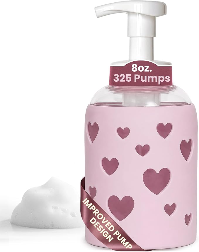 SoCal Suds & Company Foaming Hand Soap Dispenser Glass, Liquid Soap Pump with Heart Silicone Sleeve, Refillable Bottle for Kids, Baby Wash & Shampoo, Ideal for Bathroom & Kitchen Use, Soft Pink, 8oz