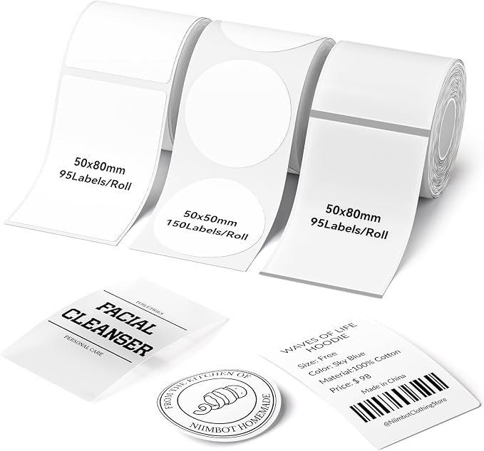 NIIMBOT 3 Roll Set Label, 50x80mm White/50x80mm Clear/50x50mm White Round | Thermla Label Comptible with B1/B21/B21 Pro Label Maker, for Kitchen Jar/ Address/Price/Gift