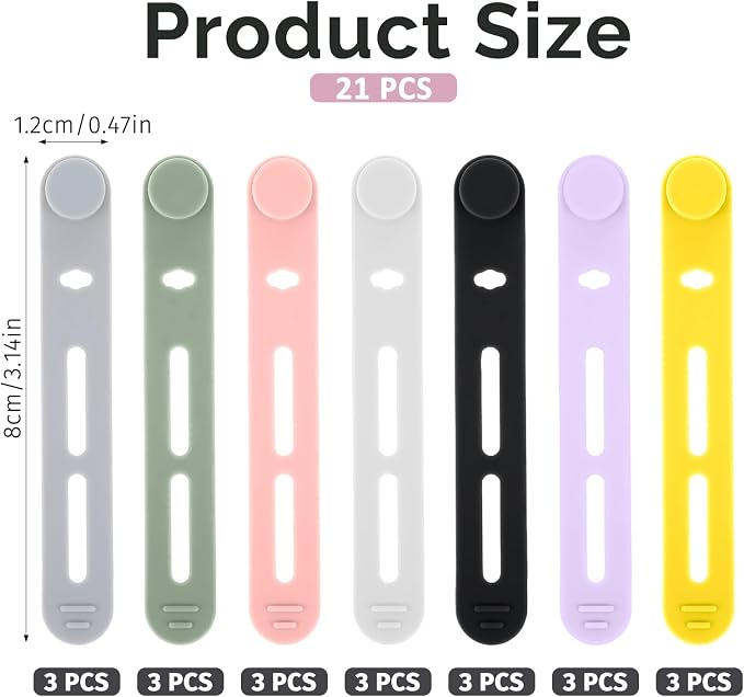 21 PCS Silicone Cable Ties Reusable Data Cable Organizer Silicone Ties Cord Keeper Organizer for Office, Multipurpose Elastic Cables Wire Tie for Bundling Fastening Earphone Phone Charging Cords