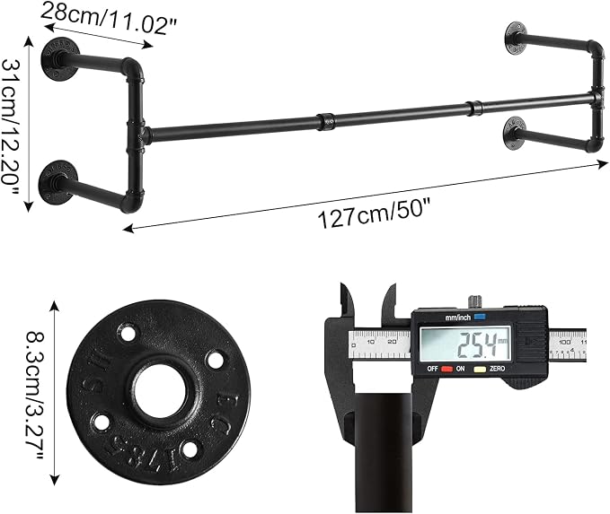 IBUYKE Industrial Pipe Clothes Rack Set of 2, 50 Inch Wall Mounted Clothing Rack, Space-Saving Hanging Closet Rod, Heavy Duty Multi-Purpose Garment Rack for Laundry Room(4 Bases), Black TYJ002H-2