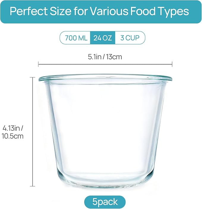 Vtopmart 5 Pack 3 Cup Glass Soup Container, Meal Prep Freezer Containers Set with Airtight Lids, Glass Food Storage Jar for Salad, Fruit, Lunch, Leftover, BPA-Free, Microwave, Dishwasher