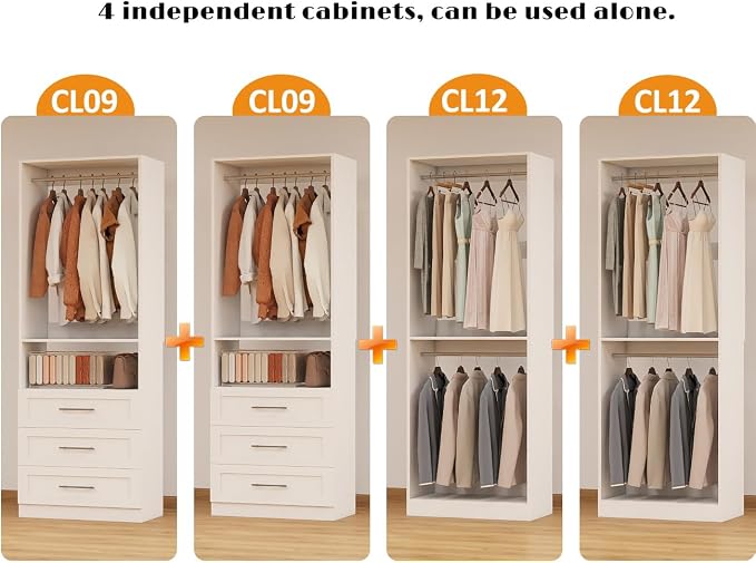 Closet System with 4 Sets, 8FT-21FT Closet Organizer Systems with 6 Wooden Drawers & 10 Hanging Rods, Walk in Closet Freestanding Corner Closet System Modular Closet System White (8FT)