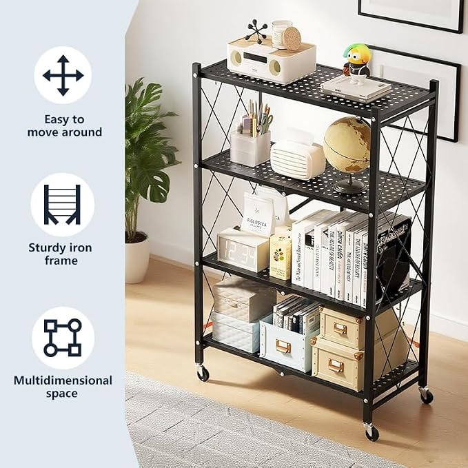 28.5" L x 14.2" W x 46.1" H Foldable 4-Tier Garage Storage Shelves with Wheels, Metal Shelving Unit, Utility Steel Shelf for Warehouse, Pantry, Basement & Garage