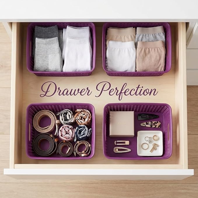 Dark Purple Organizing Baskets, Stackable Pantry Organizers and Basket Set of 12, Plastic Storage Baskets for Shelves, Classrooms, Kitchens, Laundry Room, Bathrooms and Bedrooms