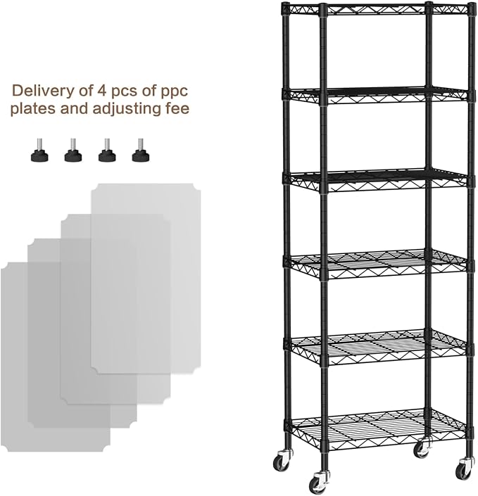 Golpart Small Shelves Storage Wire Metal Adjustable Shelf Unit with Wheels | 6 tier Shelving Organizers Storage Shelving for Bathroom Laundry Room Kitchen Pantry 11.7”D x 17.7”W x 61.6”H Black