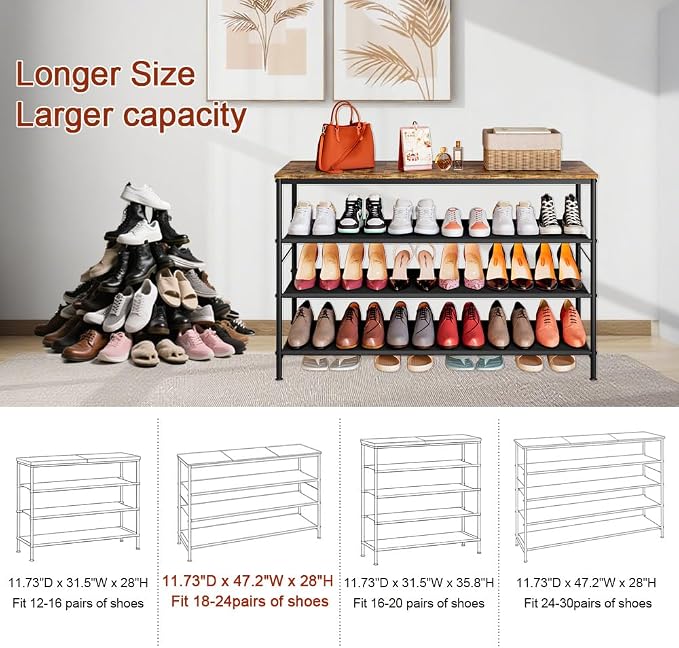 INGIORDAR 4 Tier Long Metal Shoe Rack Storage Organizer for Closet Entryway | Spacious design Shoe Shelf stores 24 Pairs of Shoes for Closet Entryway Bedroom Living Room Garage Black+Rustic Brown