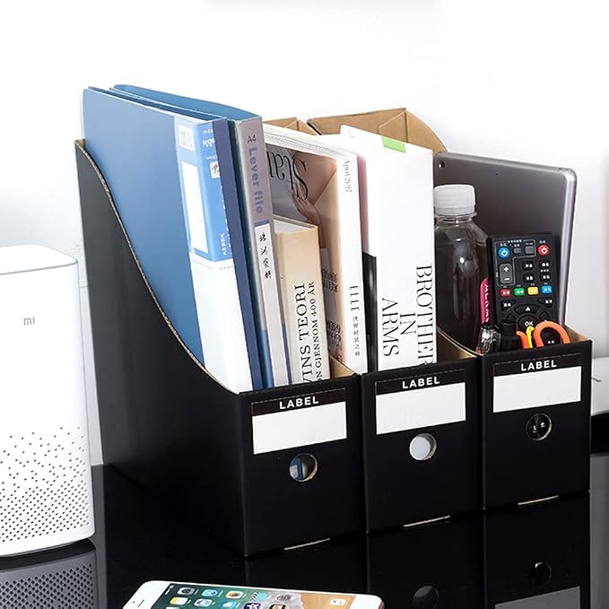 Foldable Desk File Holder Organizer Sturdy Cardboard Magazine Storage Box Document Rack with Blank Label Stickers for Home School Office (5, Matte Black)