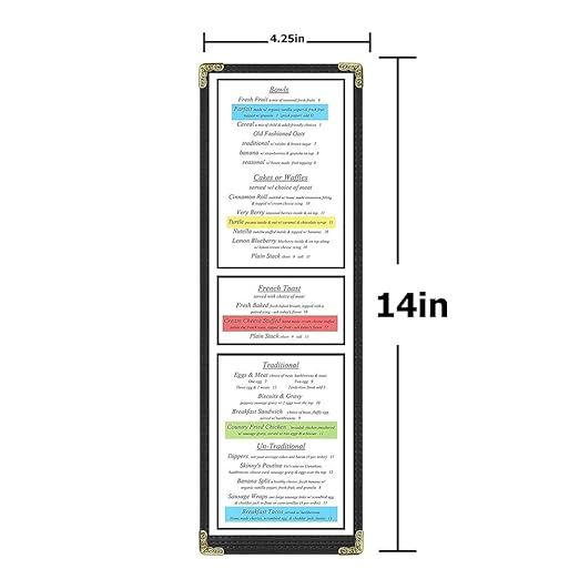 Goodsmart Restaurant Menu Covers - 25 Pack Black 1-Page/2-View 4.25" x 14", Top-Loading Vinyl Menu Holders with Clear Sleeves, Double-Stitched Edge, Leather-Style Café Covers with Gold Corners