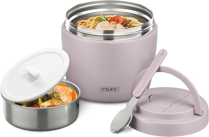Itslife 32oz Insulated Soup Thermo, Vacuum Stainless Steel Food Jar for Hot & Cold Food, Leakproof Wide Mouth Lunch Container with Spoon, Light Purple
