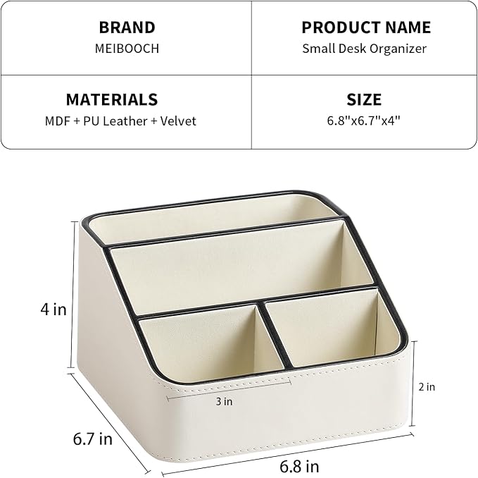PU Leather Remote Control Holder, Nightstand Organizer with 4 Compartments | Luxury Desk Caddy with Velvet Lining, Small Desk Organizer for Living Room, Bedroom, Bedside, End Table, 6.8" x 6.7" x 4"
