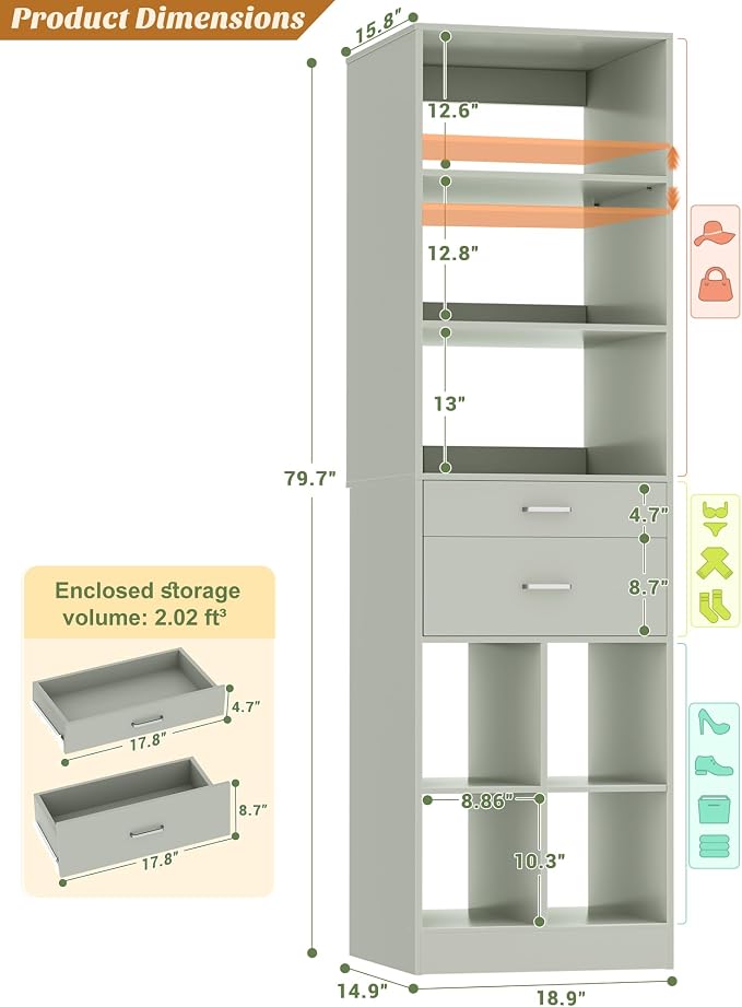 Besiost 18.9" Small Closet System with Drawers, Walk-in Closet Organizer | Small Closet Organizer for Walk in Closet, Bedroom & Nursery, Wardrobe Storage Unit with Storage and Shelves, Crab Green