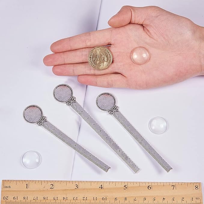 SUNNYCLUE 12PCS 2 Styles Ruler Pendant Tray Kit with 6Pcs Round Bookmark Cabochon Setting Blanks and 6Pcs Clear Domed Glass Cabochon for DIY Alloy Bookmark Making, Antique Silver