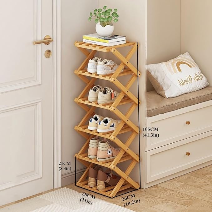 6 Tier Foldable Shoe Rack, Bamboo Vertical Shoe Organizer Tall for Multifunctional Narrow Shoe Shelf for Entryway, Closet, Corner, Bedroom, Hallway(Natural)