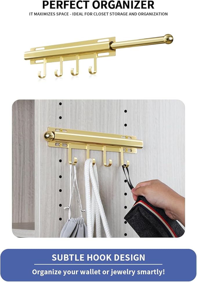 BaiNong Valet Rod for Closets Pull Out 12" Gold with 4 Hooks | Closet Valet Rod Slide Out for Closets, Laundry Rooms, RVs Space-Saving