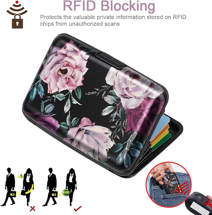 Coco Rossi Credit Card Holder RFID Aluminum Small Mini Wallet Women | Metal Wallet, Business Cards Holder, ID Case, Slim Sleeves, Womens Girls Gift, Carry Proof Wallets for Travel, Dark Roses