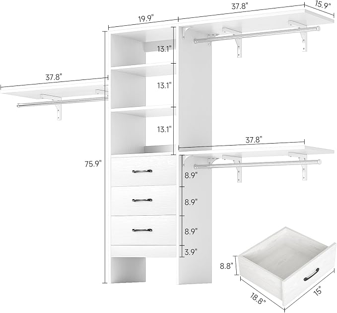 8FT Closet System, 96'' Closet Organizer System with 3 Hanging Rods, Wall Mount Bedroom Wardrobe with 3 Drawers Walk-in Closet, Adjustable Cloth Garment Rack from 5 to 8FT (Cut to Fit), Oak&White