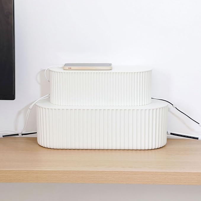 White Cable Box Organizer, Plastic Cord Hider Box with Lid for Desk and Floor, Power Strips Cover for Home, Office, Computer, TV, School, Kitchen, Surge Protector Cover (Small)