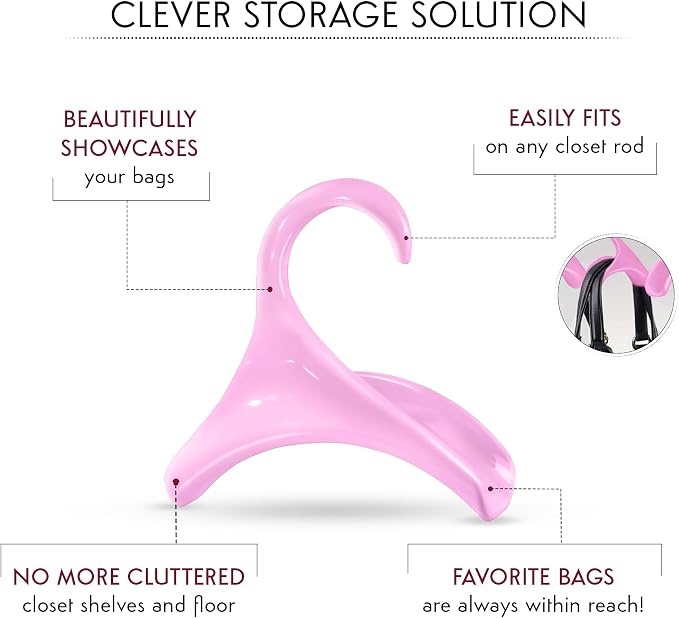 Bag-a-Vie Purse Hanger for Closet - Handbag Organizer Hooks for Hanging Bags & Purses, Protecting Bag Shape & Organizing Space (3 Hanger, Pink Plastic)